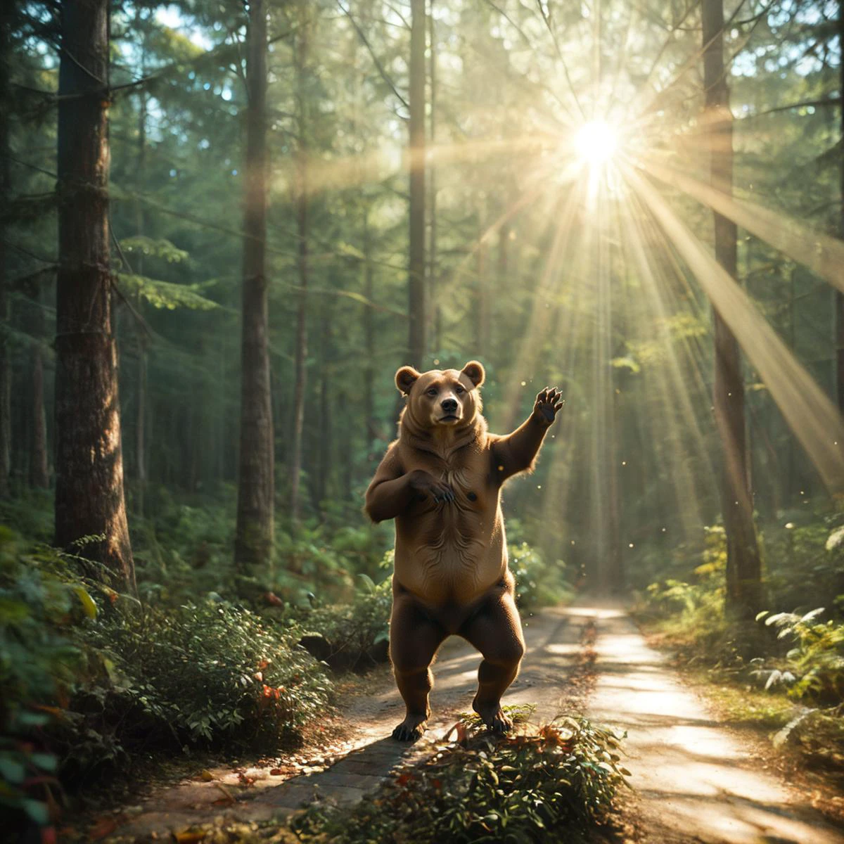In a dense coniferous forest with thick tree trunks, we see a huge brown bear standing on its hind legs in the pose of a fashion model. The bear poses for photographers in a picturesque forest. The bear imitates a feminine figure with one paw raised towards its muzzle. Itâs early morning, and there is a dust in the air, adding a mystical quality to the scene. The sunâs rays filter through the trees, casting a magical light on the scene. Cinematic color correction creates the atmosphere of a fairytale movie, making the entire setting appear otherworldly and enchanting.
BREAK bear, brown fur, fashion model pose, hind legs, elegant posture, striking contrast, sharp eyes, focused, natural surroundings
BREAK coniferous forest, thick tree trunks, towering trees, sturdy trunks, tall branches, canopy, sunlight, foliage, lush green, rugged bark, textured bark, depth, realism, majestic, fairytale atmosphere
BREAK early morning, sunlight, dust in the air, mystical, soft light, diffused light, serene, peaceful, ethereal, magical, ambiance, calm, fairytale-like, sun rays, bright light, warm light, forest canopy, light patterns, shadow patterns, dynamic, golden light, fairytale atmosphere, dust particles, sparkle, magical, enchanting, wonder, beauty, zPDXL2