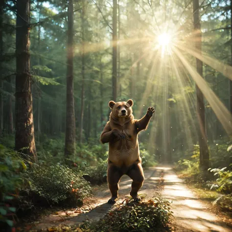 In a dense coniferous forest with thick tree trunks, we see a huge brown bear standing on its hind legs in the pose of a fashion model. The bear poses for photographers in a picturesque forest. The bear imitates a feminine figure with one paw raised towards its muzzle. Itâs early morning, and there is a dust in the air, adding a mystical quality to the scene. The sunâs rays filter through the trees, casting a magical light on the scene. Cinematic color correction creates the atmosphere of a fairytale movie, making the entire setting appear otherworldly and enchanting.
BREAK bear, brown fur, fashion model pose, hind legs, elegant posture, striking contrast, sharp eyes, focused, natural surroundings
BREAK coniferous forest, thick tree trunks, towering trees, sturdy trunks, tall branches, canopy, sunlight, foliage, lush green, rugged bark, textured bark, depth, realism, majestic, fairytale atmosphere
BREAK early morning, sunlight, dust in the air, mystical, soft light, diffused light, serene, peaceful, ethereal, magical, ambiance, calm, fairytale-like, sun rays, bright light, warm light, forest canopy, light patterns, shadow patterns, dynamic, golden light, fairytale atmosphere, dust particles, sparkle, magical, enchanting, wonder, beauty, zPDXL2