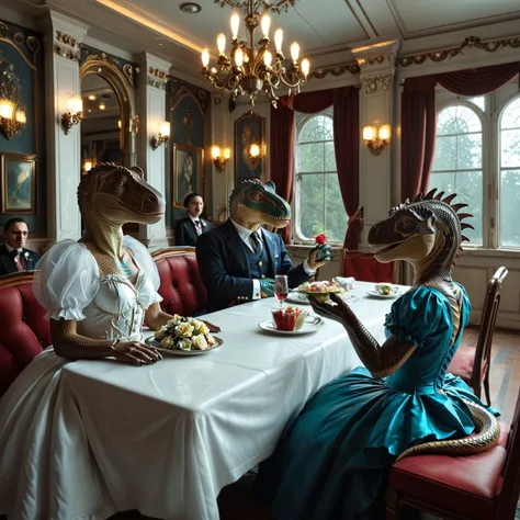 full body portrait, early morning, diffused soft lighting, gloom, mist.
BREAK surreal, photograph, anthropomorphic, dinosaur, five-star restaurant, animals, luxurious, Victorian dresses, rich, royal dress, monocle, aristocratic pose, shiny scales, detailed scales, opulent, whimsical, fantastical, elegant, grandeur, noble, high-end, intricate, setting, whimsical, surreal
BREAK (score_9, score_8_up, rating_explicit, surreal scenery, anthropomorphic, dinosaur, rich royal dress, monocle, shiny scales, detailed scales, aristocratic pose, noble appearance, whimsical, elegant, grand, five-star restaurant, intricate, luxurious, sparkling, high-ranking, sophisticated:0.62)