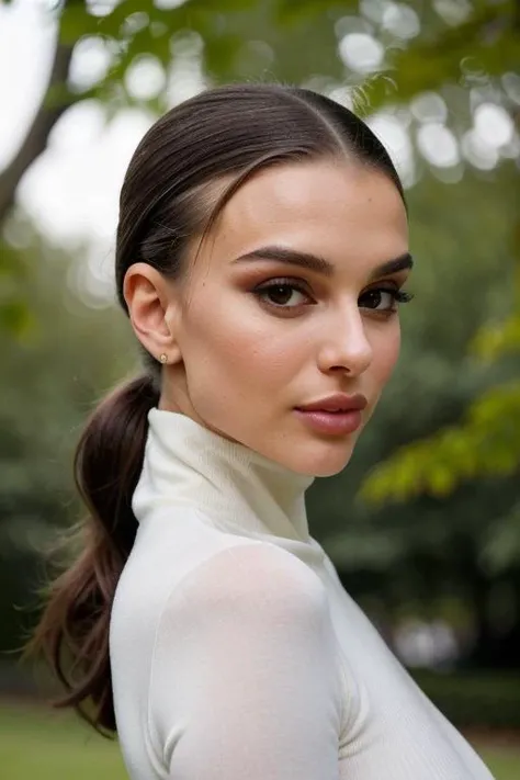 headshot of S413_IrinaRepei,a gorgeous woman,in a (park:1.1),wearing a (turtleneck:1.1),(updo-hair),(4k, RAW photo, best quality, 50mm, depth of field, ultra high res:1.1),(intricate, photorealistic, cinematic-shot, masterpiece, ultra-detailed:1.1),
