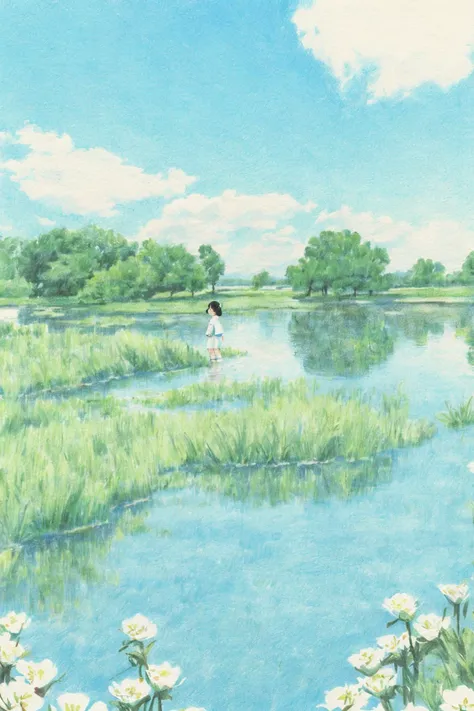outdoors, solo, traditional media, 1girl, nature, scenery, water, white flowers,day, lake, shirt, white shirt, wide shot, sky, reflection, grass, black hair, tree, painting (medium), standing,long-range viewï¼waterï¼ <lora:Colored lead:0.82>, (illustration:1.0), masterpiece, best quality,