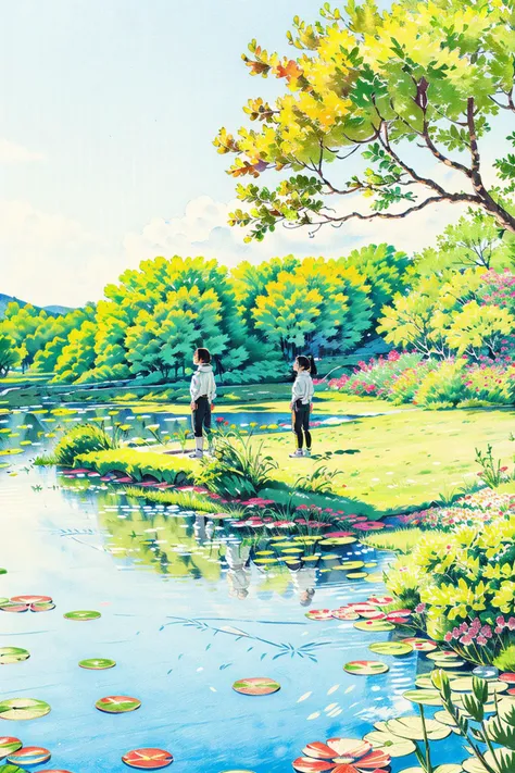 outdoors, solo, traditional media, 1girl, nature, scenery, water, day, lake, wide shot, sky,white flowerï¼ reflection, grass, black hair, tree, painting (medium), standing,long-range viewï¼waterï¼ <lora:Colored lead_20230801210009:0.82>, (illustration:1.0), masterpiece, best quality,