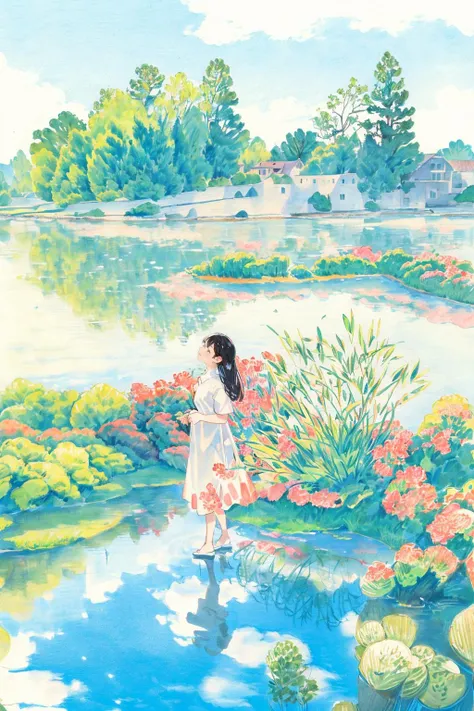 outdoors, solo, traditional media, 1girl, nature, scenery, water, day, lake, shirt, white shirt, wide shot, sky, reflection, grass, black hair, tree, painting (medium), standing,long-range viewï¼waterï¼ <lora:Colored lead_20230801210009:0.82>, (illustration:1.0), masterpiece, best quality,