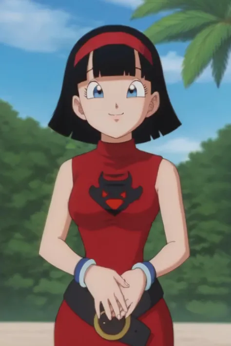 source_anime, score_9, score_8_up, score_7_up, anime screencap,
videl, dragon ball super, bob cut, 1girl, solo, breasts, looking at viewer, smile, short hair, bangs, blue eyes, black hair, black belt, looking ahead, hairband, outdoors, sky, sleeveless, day, bracelet, blue sky, red sleeveless dress, red hairband, cowboy shot, own hands together, hands on stomach, print dress, symbol, turtleneck,
<lora:videlSatan_pony_v1:0.8>