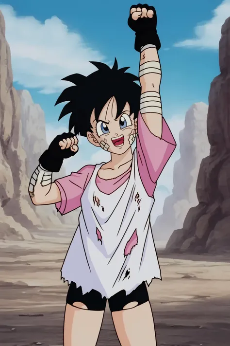 source_anime, score_9, score_8_up, score_7_up, anime screencap,8k, absurd res,
videl, solo, smile, open mouth, blue eyes, shirt, black hair, gloves, 1girl, outdoors, sky, day, cloud, fingerless gloves, torn clothes, bandages, bike shorts, bandaid, dirty, short sleeves, sleeveless dress, victory pose, white dress, teeth, raised fist, pink shirt, official style, raised eyebrows, dress over shirt, collarbone, clenched hands, arm up, cowboy shot, spiked hair
<lora:videlSatan_pony_v1:0.8>
