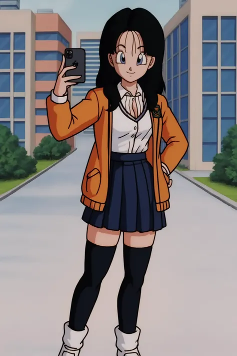 source_anime, score_9, score_8_up, score_7_up, anime screencap,8k, absurd res,
videl, 1girl, solo, looking at viewer, smile, blue eyes, long hair, black hair, navel, cleavage, hair down,
school uniform, selfie, from above, city,
white collared shirt, skirt, thighhighs, open jacket,
<lora:videlSatan_pony_v1:0.8>