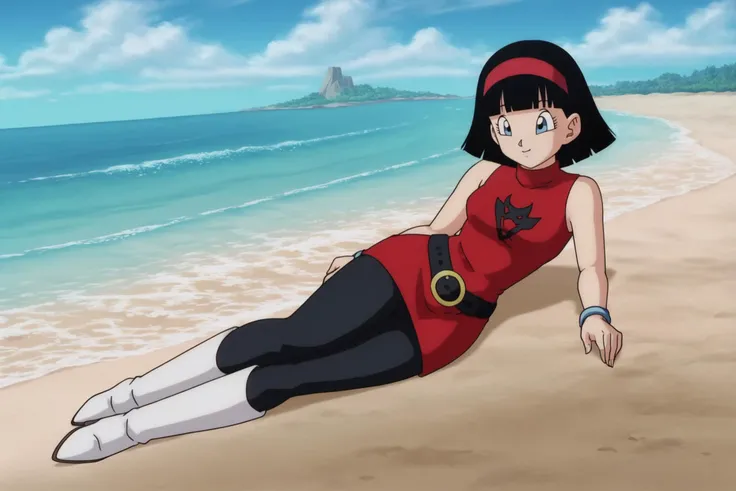 source_anime, score_9, score_8_up, score_7_up, anime screencap,
videl, dragon ball super, bob cut, 1girl, solo, short hair, blue eyes, black hair, outdoors, lying, sky, sleeveless, day, belt, cloud, water, ocean, on side, beach, red hairband, bangs, arms at sides, anime coloring, black pantyhose, black belt, boots, from side, looking at another, print dress, red dress, sleeveless dress, turtleneck, symbol, white footwear
<lora:videlSatan_pony_v1:0.8>