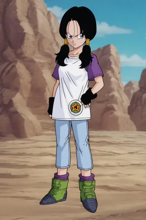 source_anime, score_9, score_8_up, score_7_up, anime screencap,8k, absurd res,
videl, 1girl, solo, blue eyes, shirt, black hair, two tone shirt, twintails, standing, full body, boots, jeans, black gloves, fingerless gloves, hand on hip, frown, wristband, v-shaped eyebrows, v-shaped eyes, white shirt, symbol, teeth, purple legwear, purple sleeves, looking at another, green footwear, fingernails, collarbone, badge, hair tubes
<lora:videlSatan_pony_v1:0.8>