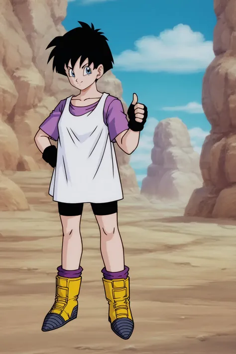 source_anime, score_9, score_8_up, score_7_up, anime screencap,8k, absurd res,
videl, 1girl, solo, looking at viewer, smile, short hair, blue eyes, undershirt, dress over shirt, black hair, two tone footwear, standing, full body, boots, outdoors, sky, day, black gloves, loose socks, cloud, fingerless gloves, blue sky, hand on hip, grass, bike shorts, thumbs up, purple legwear, yellow footwear, sleeveless dress, white dress, short sleeves, purple shirt, collarbone, looking at another, spiked hair
<lora:videlSatan_pony_v1:0.8>