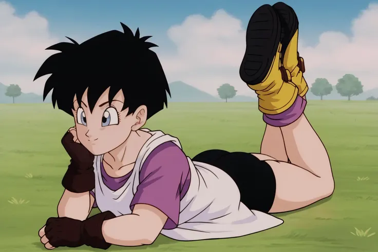source_anime, score_9, score_8_up, score_7_up, anime screencap,8k, absurd res,
videl, 1girl, solo, smile, short hair, blue eyes, grass, black hair, gloves, full body, ass, boots, shoe soles, lying, fingerless gloves, blue sky, on stomach, bike shorts, brown gloves, legs up, head rest, hand under chin, hand on floor, white dress, badge, symbol, text print, two tone footwear, yellow footwear, sleeveless dress, undershirt, purple legwear, purple shirt, loose socks, spiked hair, looking to the side, from side, dress over shirt
<lora:videlSatan_pony_v1:0.8>
