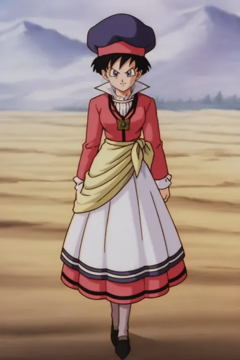 source_anime, score_9, score_8_up, score_7_up, anime screencap,8k, absurd res,
videl, movie accurate, 1girl, solo, short hair, spiked hair, black hair, looking at viewer, smile, blue eyes, white skirt, snow, long sleeves, blue headwear, hat, mountainous horizon, pink dress, standing, white shirt, collar up, yellow sash, full body, purple legwear, pantyhose, shoes, black footwear, arms at sides, clenched hands, v-shaped eyebrows, amulet, necklace
 <lora:videlSatan_pony_v1:0.8>