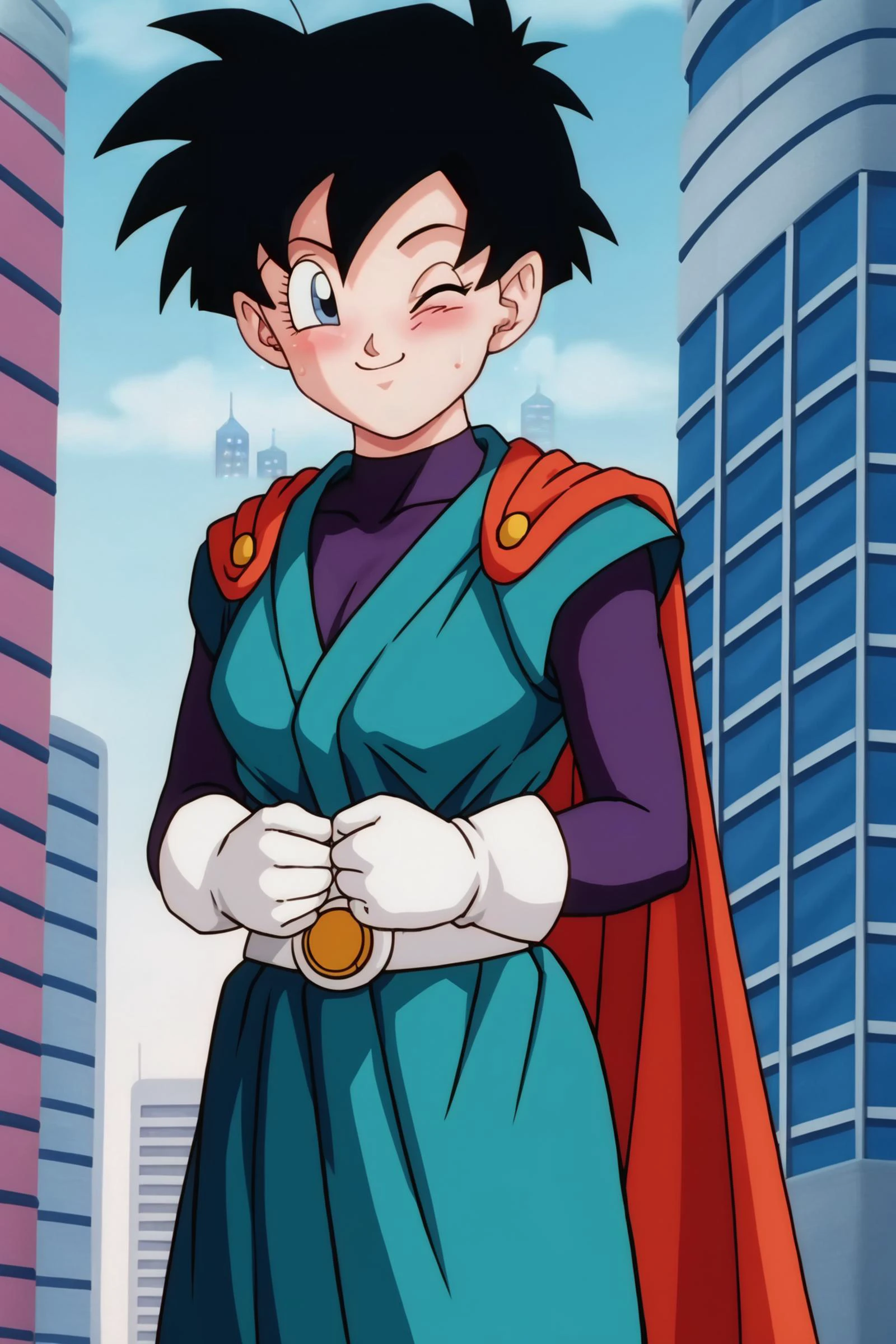 source_anime, score_9, score_8_up, score_7_up, anime screencap,8k, absurd res,
videl, great saiyaman, (1girl), (solo), (looking at viewer), (blush), (smile), (short hair), (blue eyes), building, (black hair), (city), (sweat), (one eye closed), red cape, (spiked hair), (;), green tunic, arms at sides, cowboy shot, purple bodysuit, white gloves
<lora:videlSatan_pony_v1:0.8>