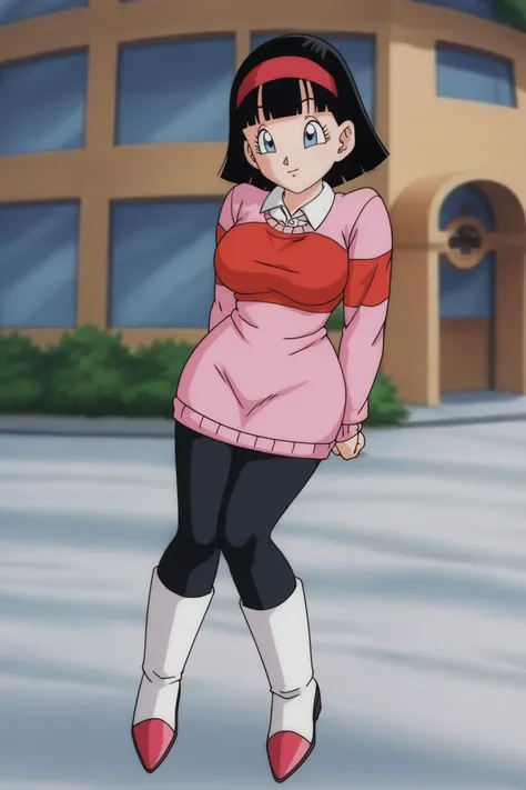 source_anime, score_9, score_8_up, score_7_up, anime screencap,8k, absurd res,
videl, dragon ball super, bob cut, 1girl, solo, breasts, short hair, blue eyes, large breasts, black hair, full body, black legwear, red hairband, arms behind back, white shirt, pink footwear, boots, two tone footwear, print sweater, pink sweater, looking at viewer, raised eyebrows, long sleeves, collared shirt, bangs, from above,
<lora:videlSatan_pony_v1:0.8>