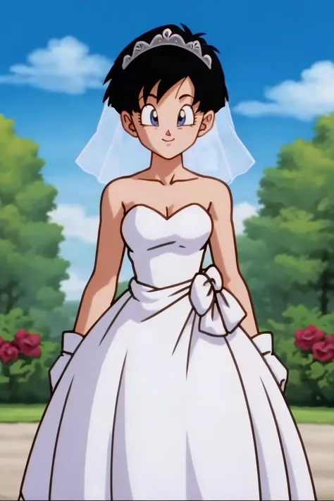 source_anime, score_9, score_8_up, score_7_up, anime screencap,8k, absurd res,
videl, short hair, black hair, spiked hair, blue eyes,
wedding dress, bridal veil, garden, blue sky, cowboy shot,
<lora:videlSatan_pony_v1:0.8>