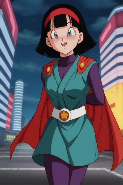 source_anime, score_9, score_8_up, score_7_up, anime screencap,
videl, dragon ball super, great saiyaman, 1girl, solo, looking at viewer, blush, smile, short hair, bob cut,  blue eyes, city, black hair, white gloves, cityscape, arms behind back, white belt, red cape, purple bodysuit, spiked hair, ;\), teeth, night sky, eyelashes, collarbone, green tunic, sweatdrop, sweat, arms at sides
<lora:videlSatan_pony_v1:0.8>