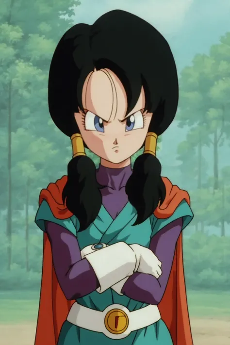 source_anime, score_9, score_8_up, score_7_up, anime screencap,
videl, great saiyaman, 1girl, solo, blue eyes, black hair, white gloves, female focus, outdoors, water, red cape, tree, crossed arms, park, nature, forest, serious, retro artstyle, 1990s \(style\), v-shaped eyebrows, white belt, small breasts, twintails, purple bodysuit, looking to the side, lapels, green tunic, eyebrows, eyelashes, collarbone, wristwatch, 
<lora:videlSatan_pony_v1:0.8>