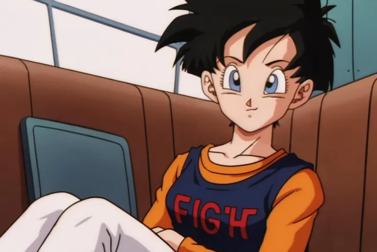 source_anime, score_9, score_8_up, score_7_up, anime screencap,8k, absurd res,
videl, 1girl, solo, looking at viewer, short hair, blue eyes, black hair, long sleeves, sitting, indoors, clothes writing, retro artstyle, 1990s \(style\), (dragon ball \(object\)), car interior, print dress, white pants, text print, hands on lap, spiked hair, orange shirt, official style, looking at another, eyelashes, dress over shirt, collarbone
 <lora:videlSatan_pony_v1:0.8>