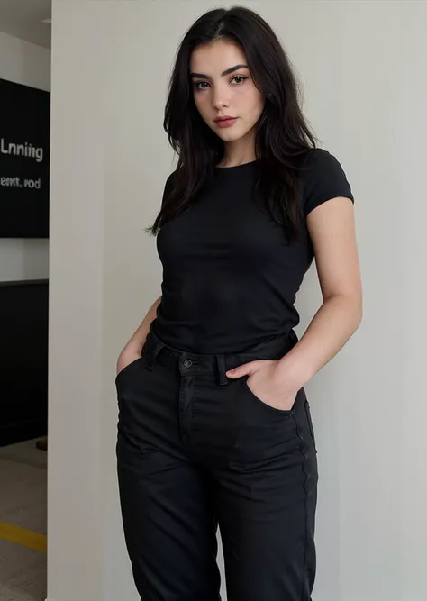 1girl, andrebotez, upper body, headshot, in black, black tshirt, jeans, short sleeves, (hands in pockets),