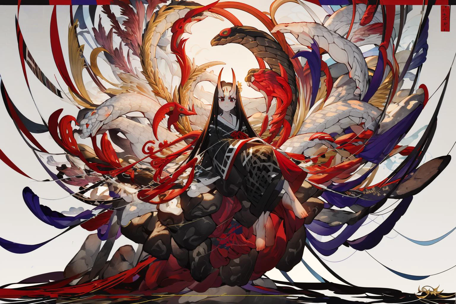(masterpiece:1.2),best quality,PIXIV,ghost nocturnal,
1girl, kimono, solo, japanese clothes, long hair, red eyes, black hair, horns, crossed legs, looking at viewer, sitting, barefoot, wide sleeves, bangs, long sleeves, very long hair, snake, full body, oni horns
<lora:ghost nocturnal-000018:1>,<lora:neg4all_bdsqlsz_V3.5:1>,