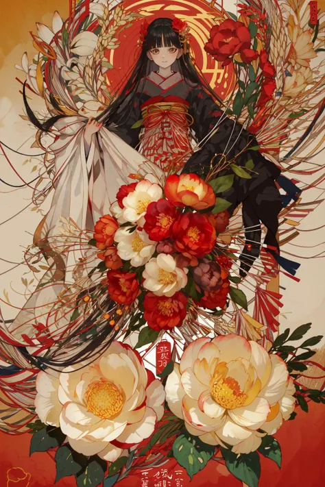 -ghost nocturnal, 1girl, long hair, kimono, japanese clothes, flower, solo, white kimono, very long hair, black hair, red flower, looking at viewer, white flower, sash, bangs, obi, hair ornament, mask, lantern, white eyes, leaf<lora:ghost nocturnal-000018:1>