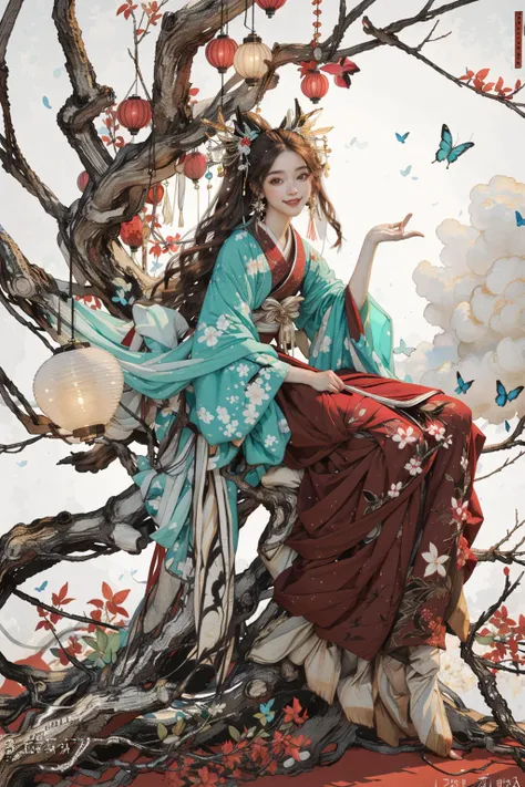 (masterpiece:1.2),best quality,realistic,ghost nocturnal,
1girl, solo, bug, brown hair, lantern, butterfly, tree, sitting, long hair, scroll, smile, branch, hair ornament, japanese clothes, looking at viewer, sash, wide sleeves, cloud, long sleeves, full body, dated, kimono
<lora:ghost nocturnal-000018:1>,<lora:neg4all_bdsqlsz_V3.5:1>,