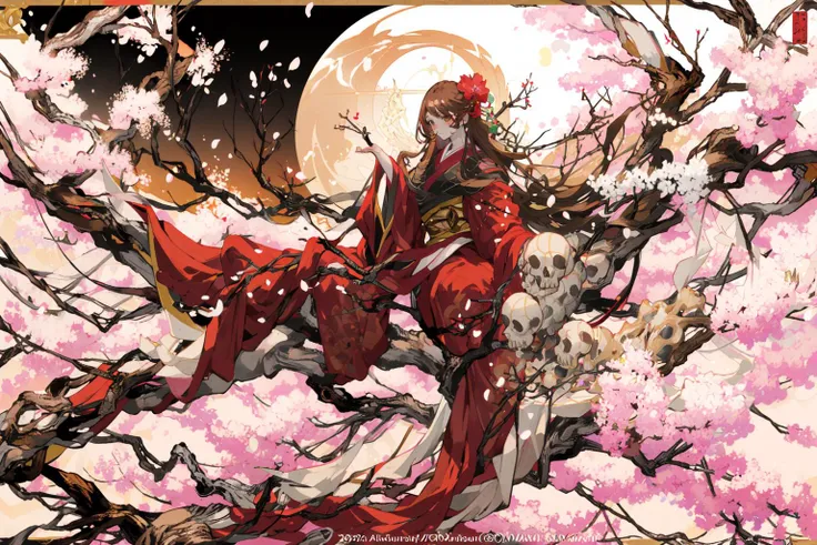 -ghost nocturnal, 1girl, long hair, solo, cherry blossoms, tree, skull, japanese clothes, moon, kimono, brown hair, full moon, very long hair, petals<lora:ghost nocturnal-000018:1>