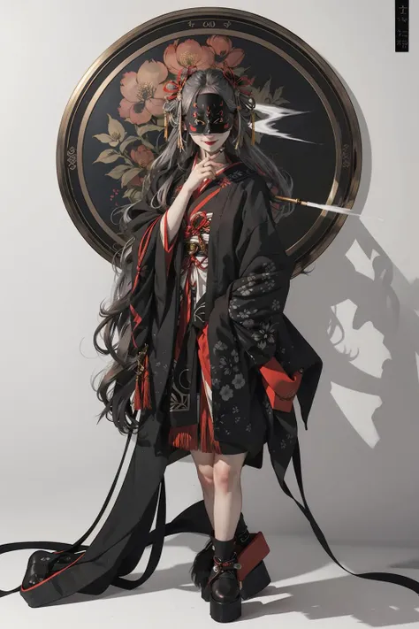 (masterpiece:1.2),best quality,realistic,ghost nocturnal,
smoking pipe,1girl,long hair,kiseru,kimono,fox mask,holding smoking pipe,sash,wide sleeves,mask,obi,red lips,hair ornament,tassel,bell,black hair,long sleeves,platform footwear,tabi,flower,standing,smoke,full body,sleeves past wrists,geta,simple background,very long hair,covered eyes,own hands together,black footwear,facing viewer,bangs,smile,closed mouth,grey hair,
<lora:ghost nocturnal-000018:1>,