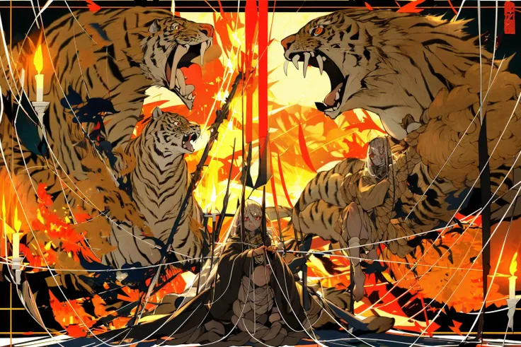 -ghost nocturnal, fire, long hair, tiger, holding, candle, white hair, animal, red eyes, weapon, dark skin, looking at viewer, barefoot, polearm, 1girl, solo, chinese zodiac, sitting, holding polearm, holding weapon, flame, spear, hood up, hair between eyes, bangs, long sleeves, very long hair, jewelry, open mouth, knee up, talisman, hood, rope, socks, year of the tiger<lora:ghost nocturnal-000018:1>