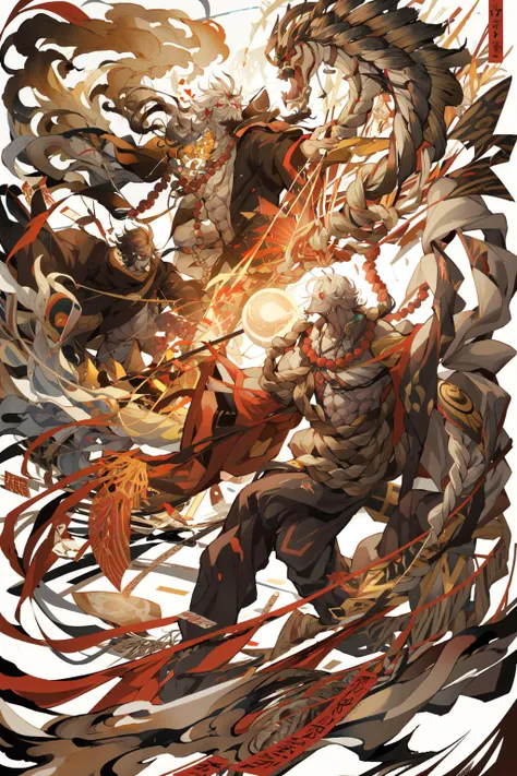 (masterpiece:1.2),best quality,PIXIV,ghost nocturnal,
multiple boys,mask,long hair,white hair,holding,horns,drum,instrument,colored skin,muscular,weapon,rope,japanese clothes,beads,red eyes,2boys,wide sleeves,muscular male,pants,scroll,smoke,drumsticks,jewelry,ofuda,
<lora:ghost nocturnal-000018:1>,<lora:neg4all_bdsqlsz_V3.5:1>,