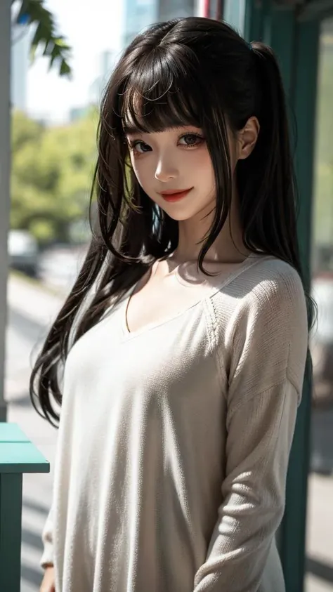 <lora:chunmmfb_v2.1(2):0.8>,CHUNMOMO, 1girl, solo, realistic, smile, looking at viewer, blurry, black eyes, black hair, bangs, long hair, day, blunt bangs,