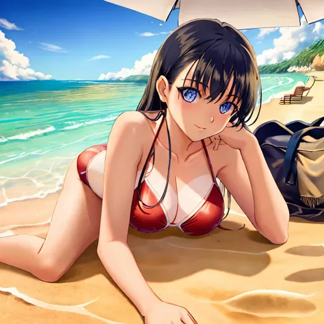 mizushima_asa <lora:mizushima_asa_v1:0.7>,red bikini, tanlines, blue eyes, beach, sand, sun, sea, masterpiece, best quality