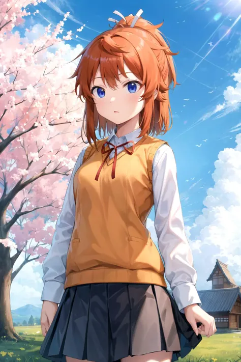 masterpiece, best quality, 1girl, <lora:Natsumi_loha_v1.0:1.0> koshigaya natsumi, shirt, sweater vest, neck ribbon, skirt, outdoors, village, nature, sky, cowboy shot