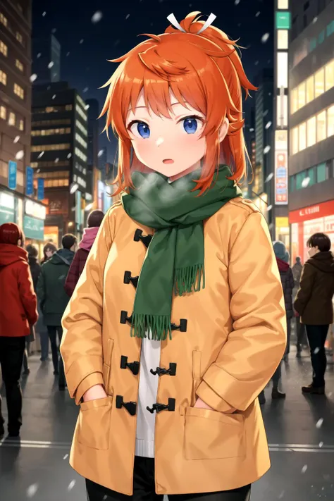 masterpiece, best quality, 1girl, <lora:Natsumi_loha_v1.0:1.0> koshigaya natsumi, open mouth, hair ribbon, outdoors, parted lips, open clothes, scarf, green scarf, plaid scarf, sweater, red sweater, coat, night, breath, hand in pocket, open coat, snowing, city, skyscraper, city lights, blurry, cowboy shot, looking to the side, black pants