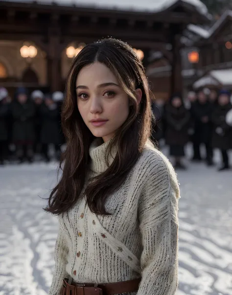 emmyRos1, Beautiful girl wearing a thin athletic sweater, Side-swept hair, depth of field, morning in the snow,  (8k, RAW photo, best quality, depth of field, ultra high res:1.2), (intricate, photorealistic, masterpiece, ultra-detailed), dynamic lighting