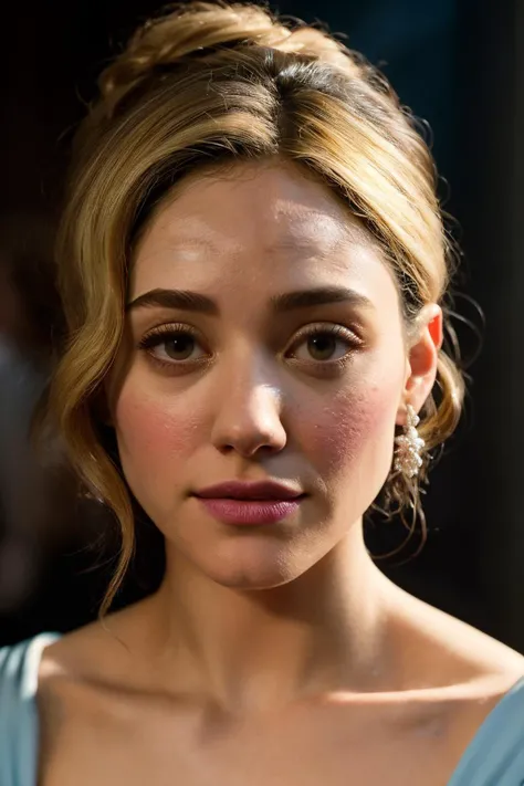 photoshoot of emmyRos1, (blonde hair), detailed skin texture, (blush:0.2), (goosebumps:0.3), (light blue dress), subsurface scattering, Photorealistic, Hyperrealistic, Hyperdetailed, analog style, hip cocked, demure, detailed skin, matte skin, soft lighting, subsurface scattering, realistic, heavy shadow, masterpiece, best quality, ultra realistic, 8k, golden ratio, Intricate, High Detail, film photography, soft focus