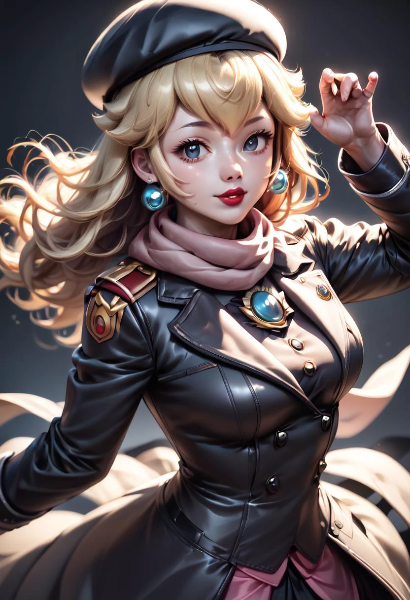 <lora:Gothic Art 2 Style SDXL_LoRA_Pony Diffusion V6 XL:0.01> , <lora:Realistic_2.5DAnime_Merge1:1> , score_9 up, score_8_up, score_7_up, beautiful woman, detailed, realistic, detailed face, natural shoulder width, detailed eyes, smooth skin, 1 girl, solo, simple black background, black plain background, rim lighting, red lips, lip gloss, <lora:Oiled_Skin_PDXL_V1:0.2>, oiled skin, in love, loving gaze, motherly love, beautiful face, standing, Gravure photography pose, cowboy shot, <lora:PrincessPeach_XLPD:0.6> , princess peach, earrings, bangs,
IncrsPchWinterTime, long hair, hat, black gloves, beret, black headwear, coat, buttons, long sleeves, brooch, black pantyhose, winter clothes, scarf, jewelry, earrings,