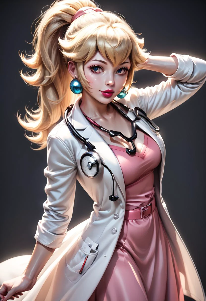 <lora:Gothic Art 2 Style SDXL_LoRA_Pony Diffusion V6 XL:0.01> , <lora:Realistic_2.5DAnime_Merge1:1> , score_9 up, score_8_up, score_7_up, beautiful woman, detailed, realistic, detailed face, natural shoulder width, detailed eyes, smooth skin, 1 girl, solo, simple black background, black plain background, rim lighting, red lips, lip gloss, <lora:Oiled_Skin_PDXL_V1:0.2>, oiled skin, in love, loving gaze, motherly love, beautiful face, standing, Gravure photography pose, cowboy shot, <lora:PrincessPeach_XLPD:0.6> , princess peach, earrings, bangs,
IncrsPchDoc, long hair, ponytail, bangs, stethoscope, doctor, skirt, labcoat, white shirt, pink lips, pink coat, makeup, lipstick, coat, pink skirt, belt, jewelry, earrings,
