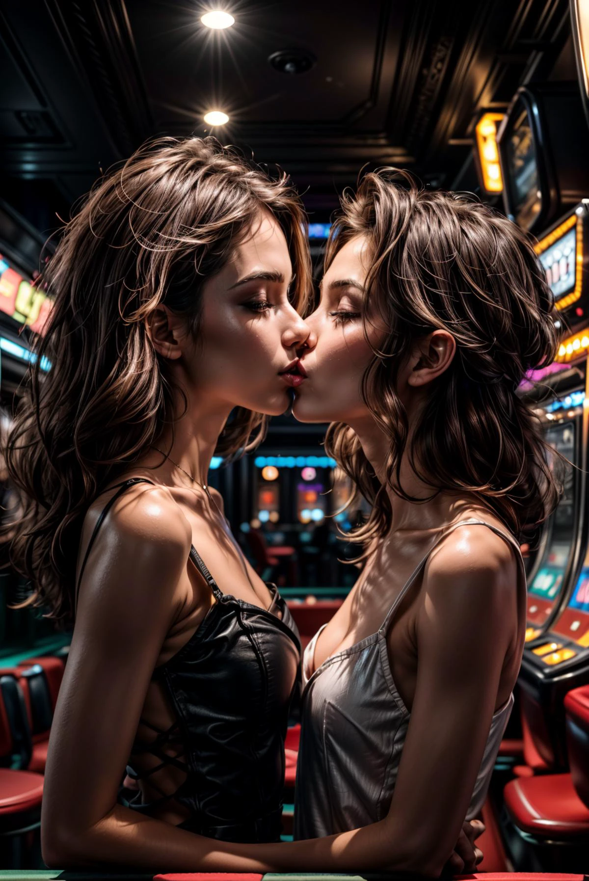 two women kissing passionately, cocktail dresses, standing at the roulette table, casino, nightclub, dark room, colourful lights, good hands, ultra detailed, high resolution, <lora:more_details:.8> <lora:weight_slider-LECO-v1:-1.5> <lora:muscle_slider_v1:0.3> <lora:breastsizeslideroffset:-.25> <lora:GoodHands-vanilla:0.8> <lora:Hand v3 SD1.5:.4> <lora:hair_length_slider_v1:.4> <lora:oiled_skin:.7>
<lora:ip-adapter-faceid-plusv2_sd15_lora:1>