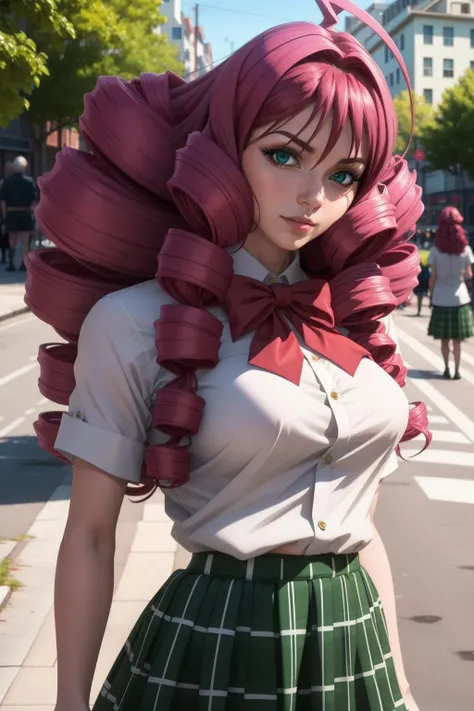 masterpiece, best quality, highly quality ,<lora:Emi-Isuzu-V1:0.7> , Emi-IsuzuKJ, green plated skirt, white shirt , bow, ahoge, selfie , (realistic:1.4)