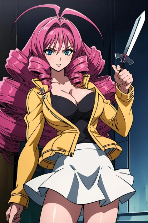 masterpiece, best quality, highly quality ,<lora:Emi-Isuzu:0.7> , Emi-IsuzuKJ, large breasts, holding, cleavage, jacket, ahoge, white skirt, yellow jacket, kunai