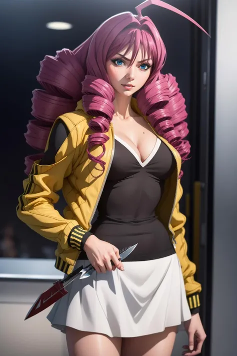 masterpiece, best quality, highly quality ,<lora:Emi-Isuzu-V1:0.7> , Emi-IsuzuKJ, Emi-IsuzuKJ, holding, cleavage, jacket, white skirt, yellow jacket, kunai, ahoge, (realistic:1.2) , cowboy shot ,