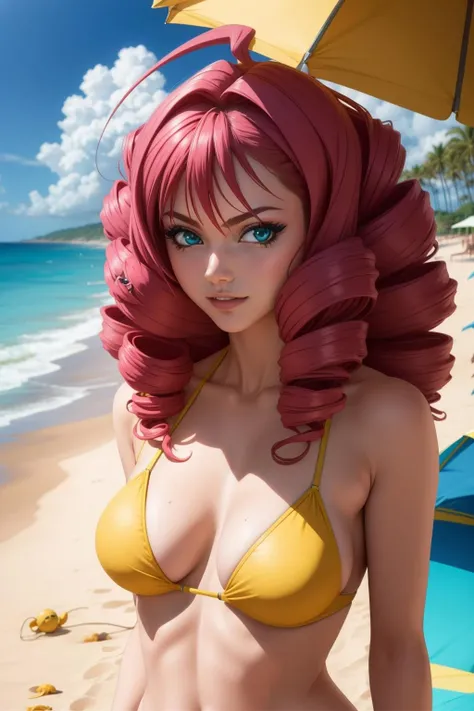 masterpiece, best quality, highly quality ,<lora:Emi-Isuzu:0.7> , Emi-IsuzuKJ , ahoge ,realistic , Yellow micro bikini , beach background
