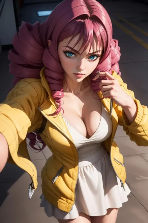 masterpiece, best quality, highly quality ,<lora:Emi-Isuzu-V1:0.7> , Emi-IsuzuKJ, Emi-IsuzuKJ, holding, cleavage, jacket, white skirt, yellow jacket, kunai, ahoge, (selfie:1.2) , (realistic:1.2) , cowboy shot , from above