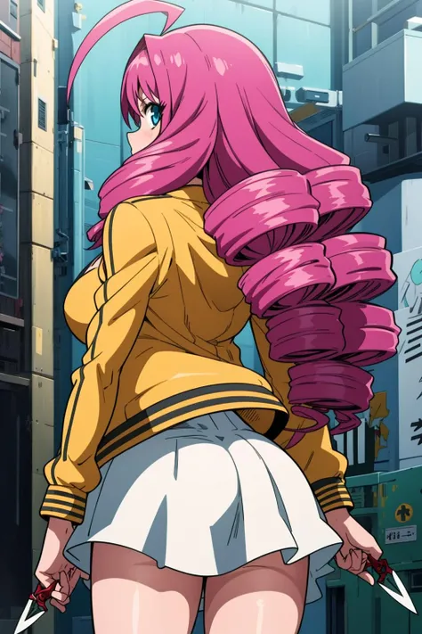 masterpiece, best quality, highly quality ,<lora:Emi-Isuzu:0.7> , Emi-IsuzuKJ, large breasts, holding, cleavage, jacket, ahoge, white skirt, yellow jacket, kunai , from behind , looking at viewer,