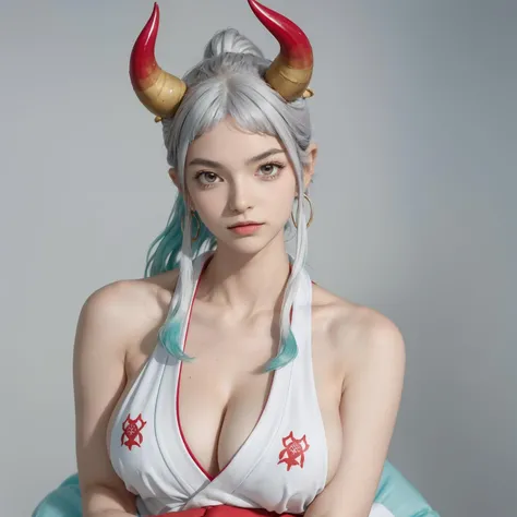 best quality,masterpiece,8k wallpaper,absurdres, highres, ultra detailed, (1 young beautiful girl, solo:1.1),yamato (one piece),breasts,sideboob, horns, shimenawa,japanese clothes, rope, multicolored horns, multicolored hair, long hair, sleeveless kimono,curled horns, hair stick, earrings, red horns, hair ornament, jewelry,bare arms, kimono, sleeveless,oni,bare shoulders, large breasts, brown eyes, white hair, aqua hair, collarbone, hakama, two-tone hair, sidelocks, high ponytail, upper body, v-shaped eyebrows,<lora:Yamato_NOFACEtaaa0.5:1>
BREAK