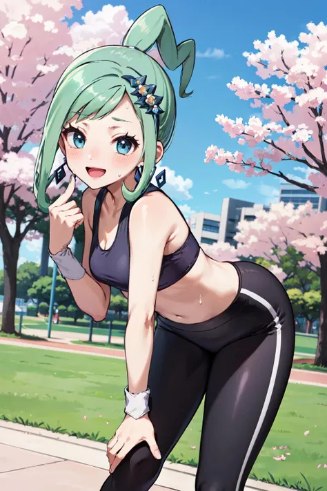 masterpiece,best quality,highres,ultra-detailed,tsuruya,long hair,<lora:tsuruya:0.8>,sports bra,(leggings:1.2),outdoors,cherry blossoms,smile,sweat,running,ponytail,