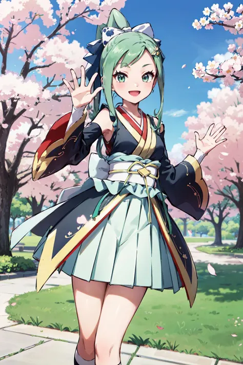 masterpiece,best quality,highres,ultra-detailed,bblisia,long hair,sidelocks,japanese clothes,sash,detached sleeves,skirt,white socks,geta,<lora:lisia_(pokemon):0.8>,outdoors,cherry blossoms,standing,smile,waving,