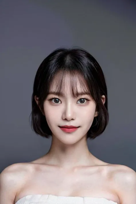 (masterpiece, top quality, best quality, (close-up photograph: 2), ((1girl)), fair skin, (((closed lips))), (extremely detailed face), looking straight, ultra-detailed eyes and pupils, ((bare pectorals)), ((bare chest)), bare head, nude dress, (((bare shoulders))), symmetrical frame, ((strapless)), (((smile))), ((symmetrical pose)), looking at viewer, (((looking at viewer))), ((symmetrical face: 1.6)), 35mm, simple grey background, ((studio lighting)), no watermark, ((short hair)), bangs, <lora:mondaylorashy:1>