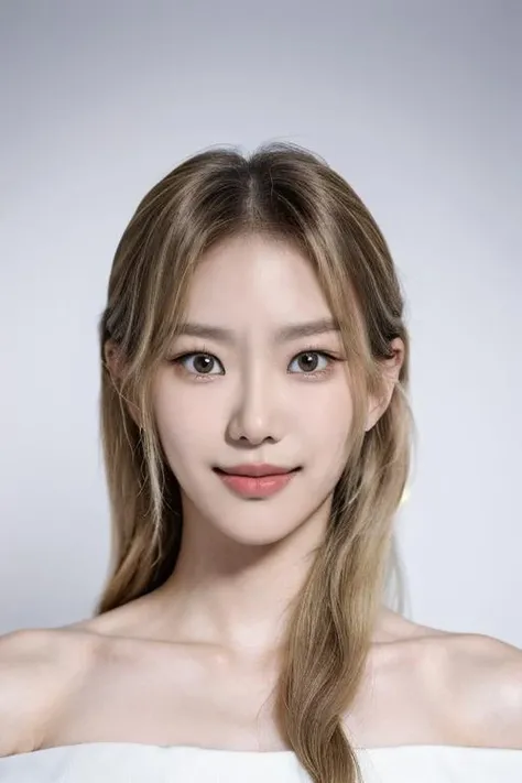 (masterpiece, top quality, best quality, (close-up photograph: 2), ((1girl)), korean, slim face, fair skin, (extremely detailed face), ultra-detailed eyes and pupils, ((bare pectorals)), ((bare chest)), tube top, bare head, (((bare shoulders))), symmetrical frame, ((smile)), ((symmetrical pose)), (symmetrical face: 1.6), 35mm, minimal plain white background, direct lighting, no watermark <lora:mondaylorashy:1>