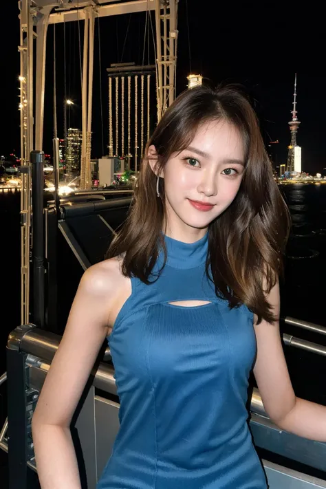 nikon RAW photo,8 k,Fujifilm XT3,close up photo, masterpiece, best quality, 1girl,solo,realistic, photorealistic, (extremely detailed face), ultra-detailed eyes and pupils, ultra detailed, serious expression, slender figure, standing against a city skyline at night, tight dress, sleeveless, tiny waist, big hip, smile, <lora:mondaylorashy:1>